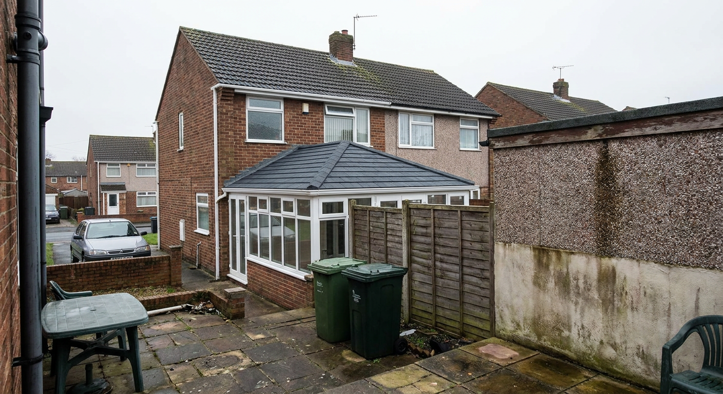 Brick semi-detached house with a newly fitted dark tiled conservatory roof